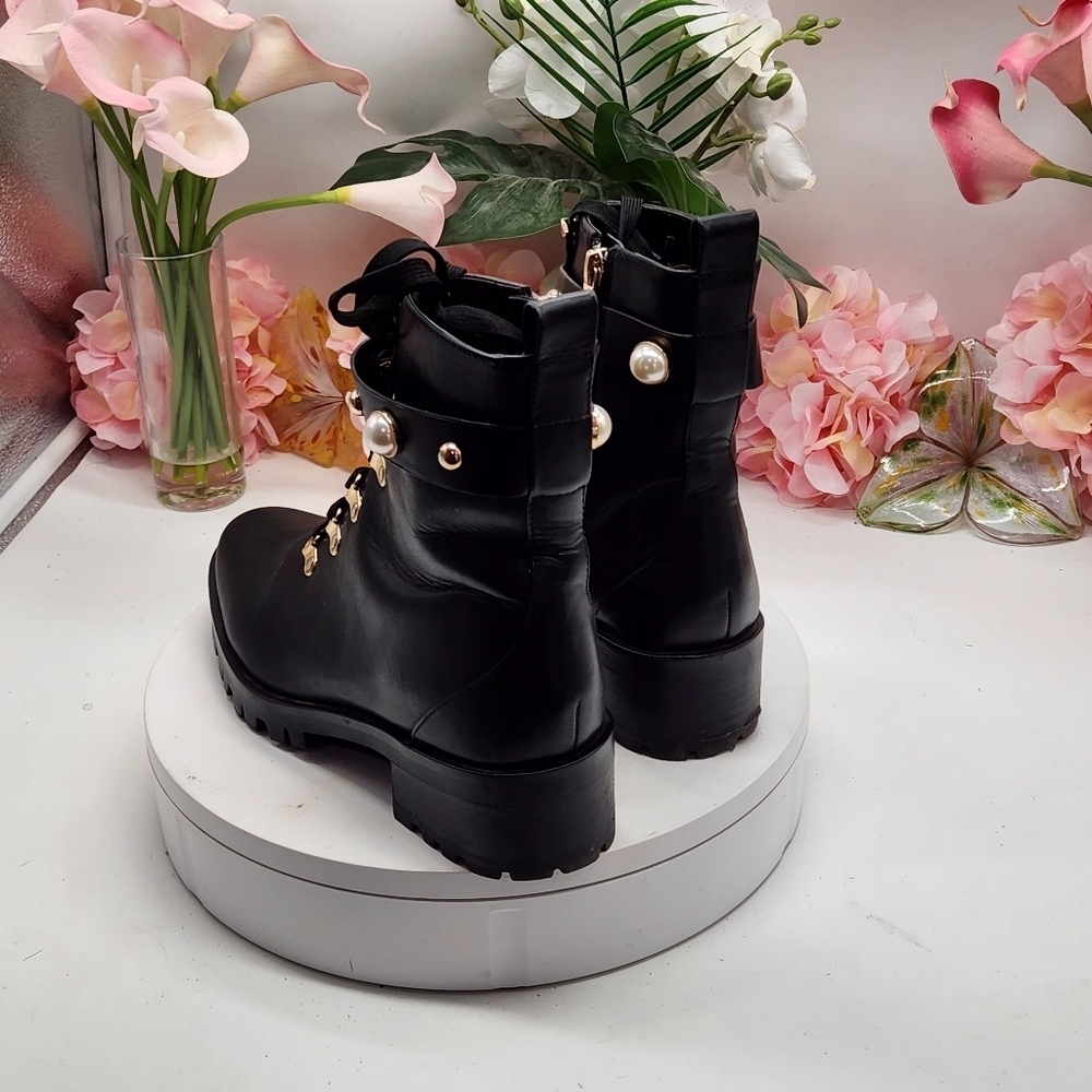 Karl Lagerfeld Lace-up Combat Boots Gold & Pearl Studded Sz 9.5M - Picture 5 of 15